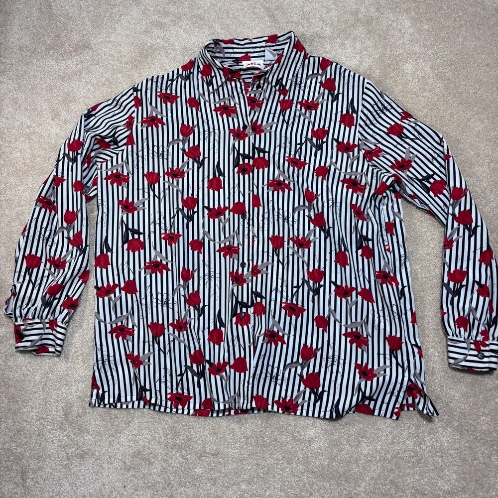 Vintage Alia Red Floral Button Up Blouse Size 16 Stripe Long Sleeve Career